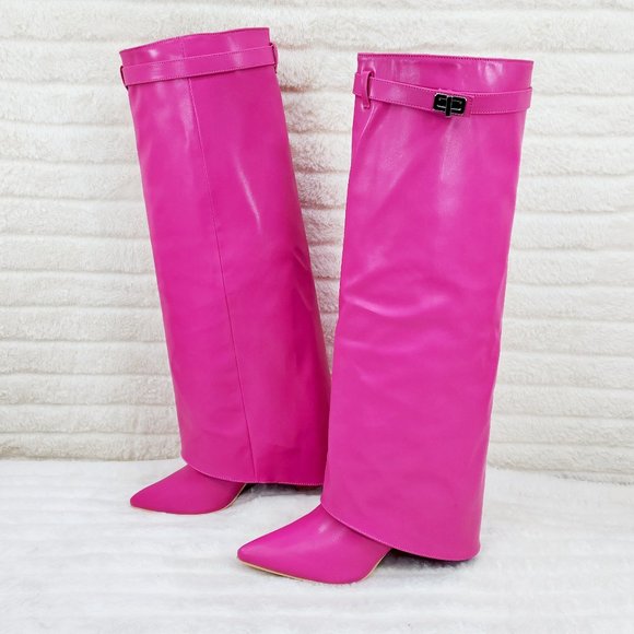 Paris Fuchsia Pink Skirted Fold Over 3.5" Block Heel Knee High Boots - Picture 2 of 9